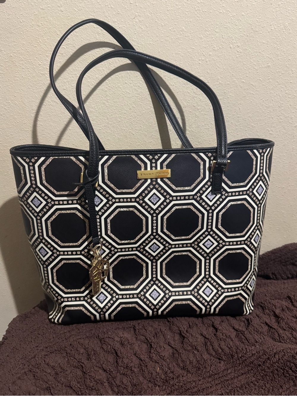 Trina Turk Black and Cream Geometric Tote with Gold Hardware